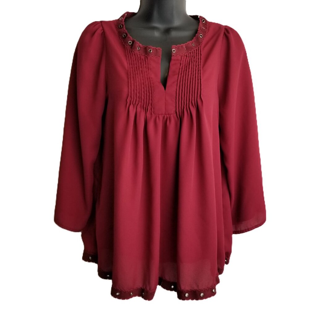 Womens Small Burgundy Peasant Blouse Bell Sleeve Grommet Pintuck Boho Crescent